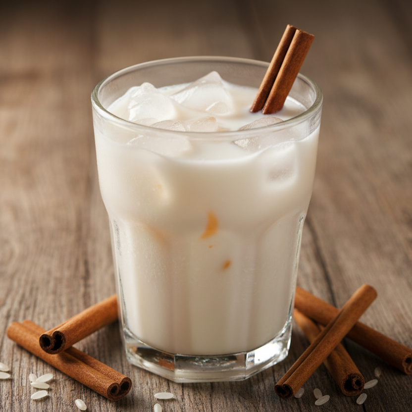 Glass of iced coffee with whipped cream and cinnamon sticks on a wooden surface